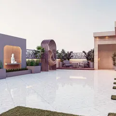 A wide-angle 3D view of the entire terrace layout. This helps clients understand the scale of the project and the relationship between different zones like the seating area and the zen corner.