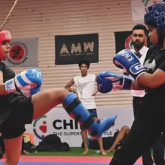 A powerful side kick executed with precision during a WAKO kickboxing match. Our training emphasizes proper form and technique to maximize power and effectiveness, preparing our athletes for the highest levels of competition.