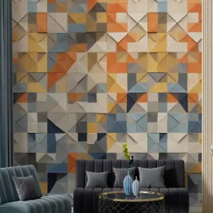 The versatility of my 3D wall decor is on full display here, pairing beautifully with both dark and bold furniture choices. Notice how the geometric pattern adds energy and a modern artistic touch to this elegant seating area.