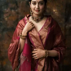 A close-up that captures the regal expression and the intricate details of the jewelry and attire.