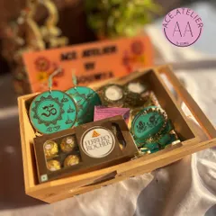 This Diwali hamper is presented in a beautiful wooden pinewood tray. It's a perfect blend of tradition and modern aesthetics, containing all the festive essentials for a memorable celebration.