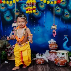 A toddler dressed as Lord Krishna for a Janmashtami themed photoshoot. The vibrant blue backdrop with peacock feathers and traditional props creates a beautiful festive portrait.