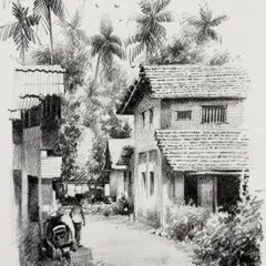 A detailed pencil landscape of a village in Kerala. I focused on the texture of the tiled roofs and the lush foliage of the palm trees to create a realistic and immersive scene.