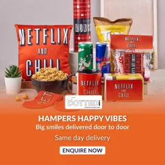 Here is my signature "Netflix and Chill" hamper, a bestseller for a reason. It's packed with gourmet popcorn, energy drinks, a comfy cushion, and other fun snacks, creating the ultimate binge-watching experience right out of the box.