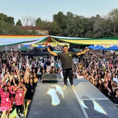 The peace signs say it all. A fantastic shot with the entire crowd at a Delhi University fest, all of us sharing a moment of pure musical joy.