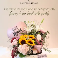 For the mom who fills her space with flowers and her heart with sweets, this hamper is perfect. It features a stunning bouquet of sunflowers and lilies, paired with a scented candle and a box of delicious treats.