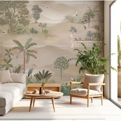 I love how this scenic wallpaper creates a peaceful, open feeling. The design features a gentle landscape with birds and trees, perfect for making any Bangalore apartment feel more connected to nature.