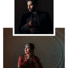 A diptych of individual portraits showing the bride and groom in moments of quiet anticipation. We capture the elegance of the groom adjusting his cuff and the bride's grace under dramatic lighting.