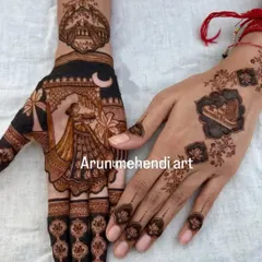 This Karwa Chauth special design shows a woman looking at the moon. The other hand has a simple yet elegant design to complement the main artwork.