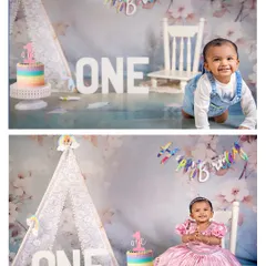 Two adorable looks for one special first birthday. We can easily switch outfits and small details to give you a wonderful variety of photos from a single session.