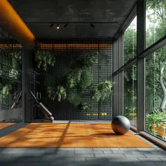 This 3D visualization of a home gym brings serenity and nature together. The design features a living wall and floor-to-ceiling windows, proving that luxury isn't always loud but can be peaceful and personal.