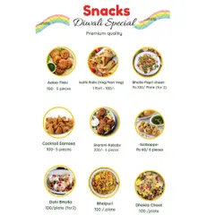 Our Diwali special snacks menu, featuring premium quality chaat and appetizers like Aloo Tikki, Cocktail Samosas, and Shammi Kababs at an affordable price.