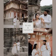 A lovely summary collage of Punit and Mamta's temple pre-wedding shoot, combining wide shots and close-ups to tell the story of their visit.