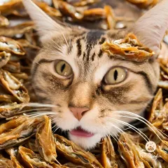 When you can't decide whether to snack or accessorize, why not do both? This kitty is having an anchovy spa day, surrounded by omega-3-rich goodness.