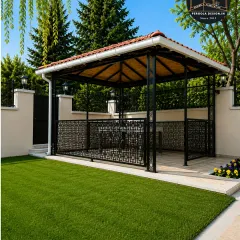 This classic gazebo design offers a timeless appeal. Featuring a tiled roof and decorative metal railings, it creates an elegant, sheltered space in the garden for dining or quiet contemplation, protected from sun and rain.