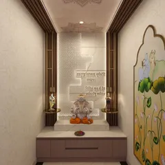 The initial 3D concept for the mandir, showcasing the design with a Ganesha idol, back-lit Corian panel, and a custom pichwai-style art piece.