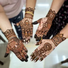 Coordinated but unique, just like a group of best friends. Here's a look at four different sider designs we did for a bridal party, each with its own personality, featuring motifs like elephants, peacocks, and floral mandalas.