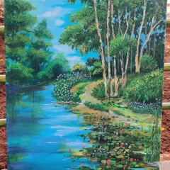 My finished acrylic painting of the serene lake at Lalbagh Botanical Garden. I love capturing the reflections in the water and the vibrant greens of the trees. This is the kind of landscape we can learn to paint together.