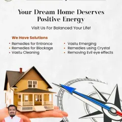 Your dream home deserves positive energy. This poster outlines some of the solutions I provide, including remedies for entrances, blockages, Vastu cleaning, and removing evil eye effects using crystals and other methods.
