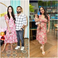 This is one of my favorite comparisons: wearing the same dress before pregnancy and after my daughter was ten months old. It's a visual reminder that getting back in shape is a journey of consistency, and it is absolutely possible.