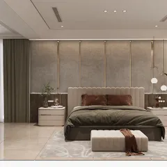 A serene bedroom design with a focus on texture. The fabric-paneled headboard wall, simple pendant lights, and clean lines create a calm and sophisticated atmosphere perfect for unwinding.