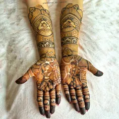 This is what full bridal mehndi is all about: telling a story. I created custom bride and groom figures on the palms, surrounded by intricate patterns and rows of elephants, to capture the essence of their wedding day.