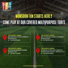 Monsoon fun starts here. Our covered multipurpose turfs in Andheri, Borivali, and Bandra are open for booking so you can keep playing football and cricket all season long.