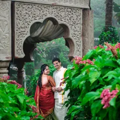 A beautiful pre-wedding shoot at Elements Bangalore, where the couple's traditional South Indian attire is perfectly framed by lush greenery and classic architecture.