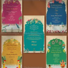 Rich and elegant Wedding PDF invites. This image displays a collection of five different event cards from a single wedding, each with a unique, vibrant color but a consistent royal design framework.