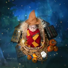 Wingardium Leviosa! Our tiniest wizard is ready for his journey to Hogwarts. This Harry Potter themed setup, complete with a sorting hat, magic wand, and glowing lights, is perfect for parents who want to add a touch of enchantment to their newborn's first portraits.