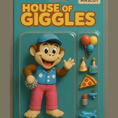 The perfect party guest! This adorable 3D render shows our mascot, Mr. Giggles, as a collectible toy, complete with party accessories. He's the icon of fun at our house.