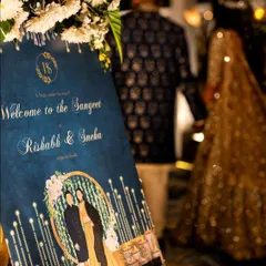 A beautifully designed welcome sign for Rishabh and Sneha's Sangeet. The deep blue background, sparkling lights, and custom couple illustration create a warm and inviting entrance for a night of music and celebration.