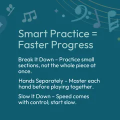 Smart practice leads to faster progress. I teach students to break pieces into small sections, master each hand separately, and start slow to build control.