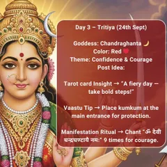 Day 3 of Navratri honors Goddess Chandraghanta, who brings confidence and courage. The color is Red. A powerful Vastu tip is to place kumkum at your main entrance for protection, and you can chant her mantra nine times to invoke courage.