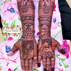 This is the ultimate storytelling mehndi. It features portraits of the Maratha king Shivaji Maharaj and the bride, along with palace motifs, a Ganesh figure, and the couple's names.
