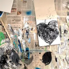 The creative process can be messy, just like life. This black and white heart painting was born from a moment of reflection on taking responsibility and finding the shades of grey in every situation.