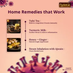 Here are some simple home remedies that work for colds and coughs. I recommend Tulsi tea to relieve congestion, turmeric milk to soothe the throat, a honey and ginger mixture as a natural cough suppressant, and steam inhalation with Ajwain to clear a blocked nose.