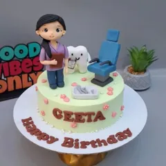 This cake for a dental assistant features a custom figurine of her, a friendly tooth character, and a miniature dentist's chair, all recreated from an AI image.