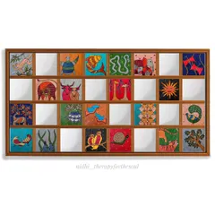 This is a digital mockup showing how a custom set of 20 Gond art tiles with embroidery could look as a large wall installation. This project for a client in the USA was inspired by Egyptian wall art, blending cultures and styles.