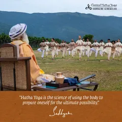 My own training comes from the Sadhguru Gurukulam, where Hatha Yoga is taught under Sadhguru's direct guidance. This image captures the essence of that transmission, ensuring the practice remains pure and powerful.