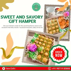 A sweet and savory gift hamper featuring my desi ghee Besan Laddoos and our bestselling Chaska Papdi, ideal for baby showers, housewarmings, and other occasions.