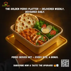 This is what our 'Golden Perks Platter' looks like. A weekly subscription gets you daily bonuses like this perfectly portioned meal of chicken, naan, and fresh salad.