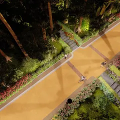 A night-time render of the Sakleshpur road. This visualization was crucial for planning the placement and effect of landscape lighting, ensuring the pathways are safe and atmospheric after dark.