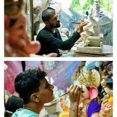 A behind-the-scenes look at the creation of Ganpati idols. This collage shows the skilled hands of the artists as they paint the fine details, bringing the clay to life. It's a tribute to their dedication and craft.