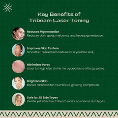 Here are the key benefits of Tribeam Laser Toning. This treatment reduces pigmentation, improves skin texture, minimizes pores, and brightens the skin, and it is safe for all skin types.