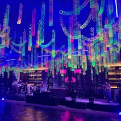 A full stage view of our neon slinky installation for a corporate music event. The vibrant, glowing springs create a dynamic ceiling above the stage and dance floor, setting a fun and energetic tone.