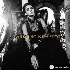 A dramatic black and white image for A S Motiwala's "Poetry of Polki" collection. This shot creates a mood of timeless elegance and high fashion.