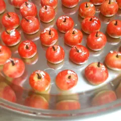 A tray of freshly made Kaju Apples, ready to be packed. I use high quality cashews and just a hint of clove to create these beautiful and delicious sweets that are a highlight of any festive box.
