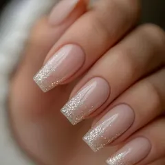A beautiful glitter gradient on long, square-shaped nails. The silver glitter fades gently into the nude base, creating a chic and sparkling effect.