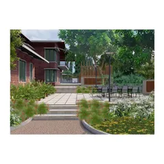 A rendering of a proposed outdoor patio and dining area for a private residence. The design uses clean lines and natural materials to create a functional and elegant space for entertaining, surrounded by lush, layered plantings.